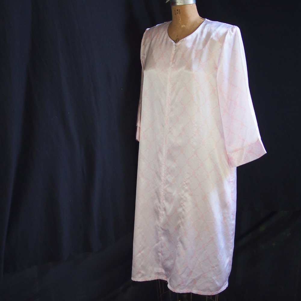 vtg KASSATLY Palm Beach Pink Floral Zip Up Satin Glam Lounge Robe Caftan Dress S - Picture 2 of 9